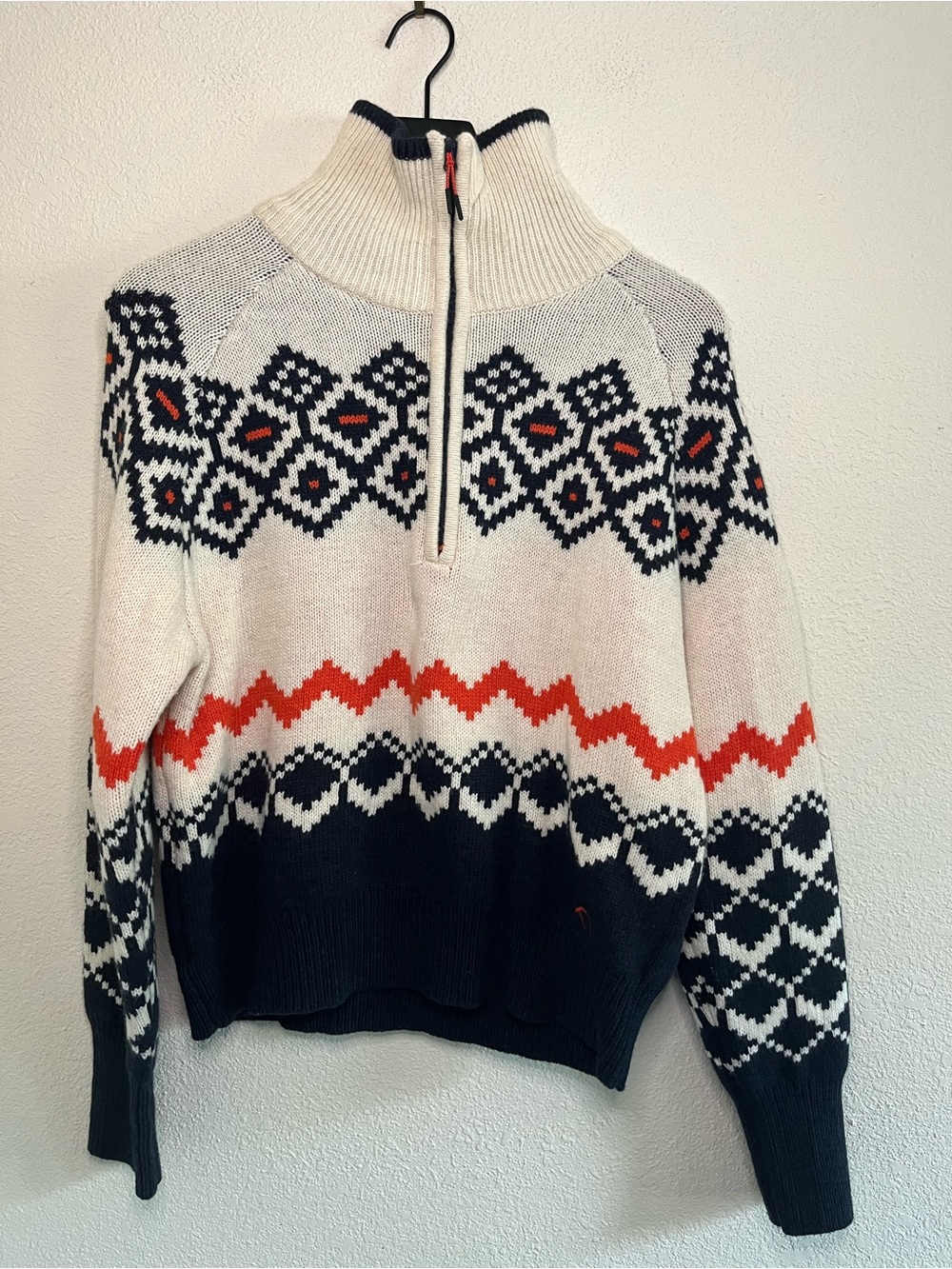 Kari Traa Cream Navy and Red Fair Isle Half-Zip Sweater